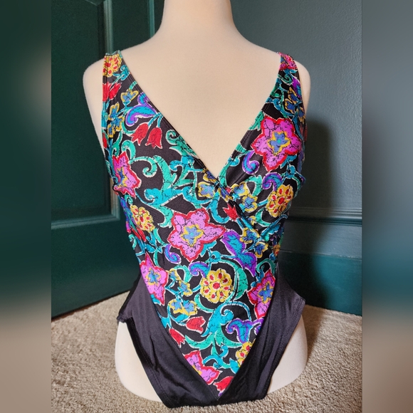 Cole of California Vtg 80s Black Multi Color Floral One Piece Swimsuit - Sz 16 - Picture 13 of 13